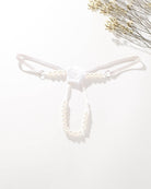 White thong panties with rose rosette detail and pearl beaded straps
