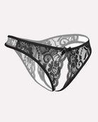 Black sheer lace open-cut panties with center bow and floral lace pattern