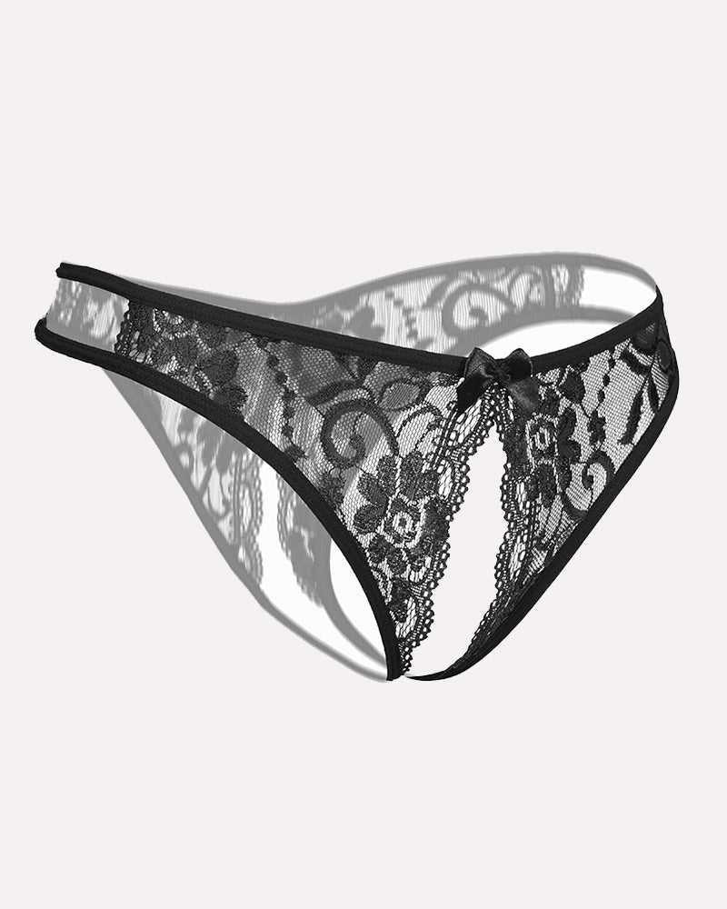 Black sheer lace open-cut panties with center bow and floral lace pattern