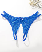 Blue lace open-cut panties with center bow and sheer scalloped lace front