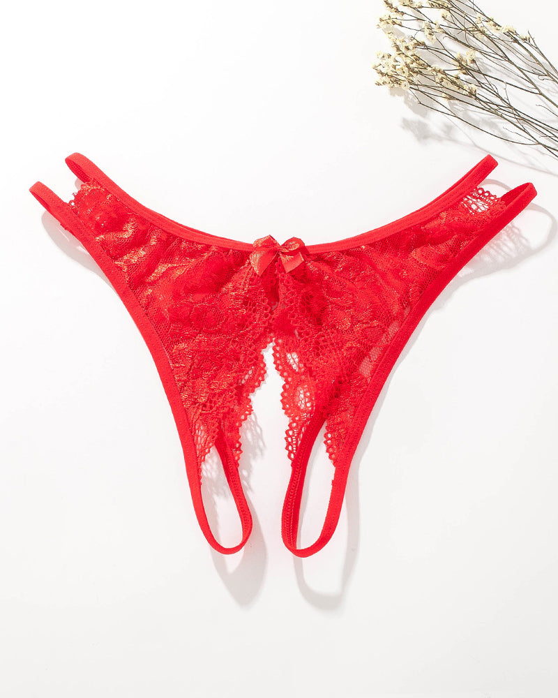 Red lace open-cut panties with center bow and sheer scalloped lace front