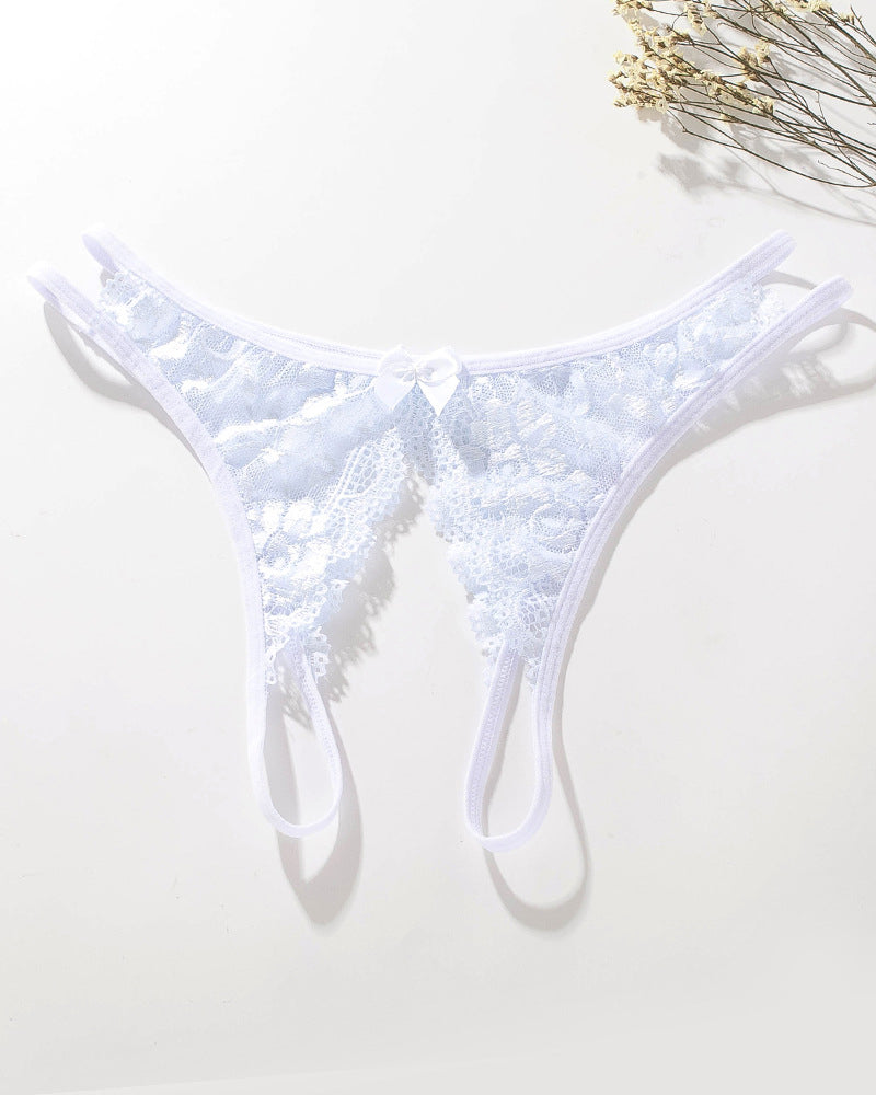 White lace open-cut panties with center bow and sheer scalloped lace front