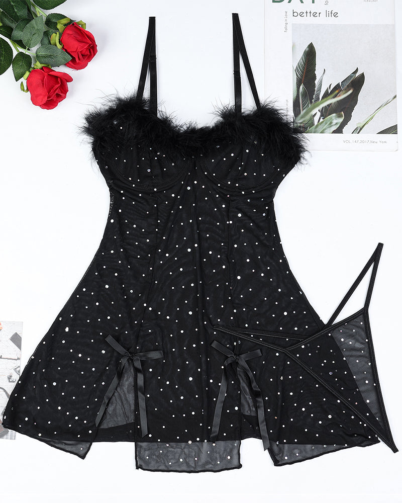 Black see-through elastic slit dress set, fuzzy bust, dotted fabric, and flared skirt