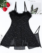Black see-through elastic slit dress set, fuzzy bust, dotted fabric, and flared skirt