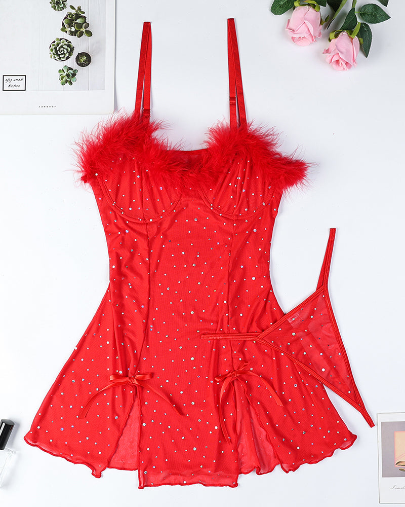 Red see-through elastic slit dress set with fuzzy bust trim and dotted corset bodice