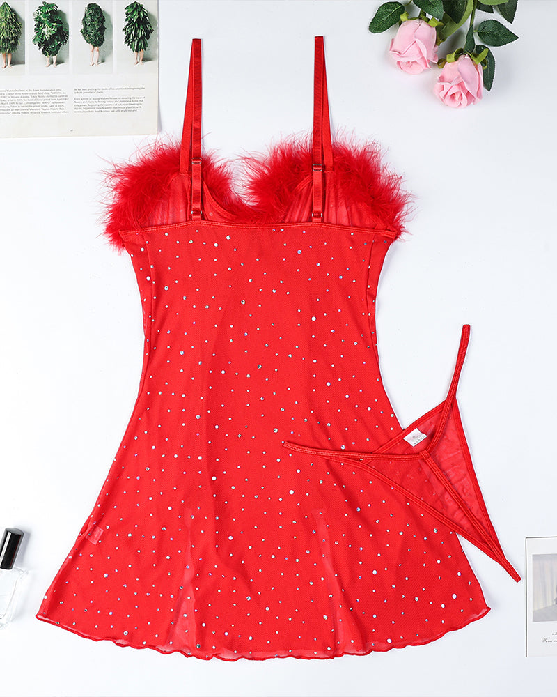 Red see-through elastic slit dress set flat lay with fuzzy bust detail and short flared skirt