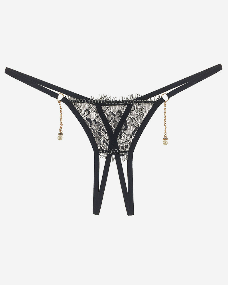 Black crotchless lace thong with pearl drop chains and V-cut straps