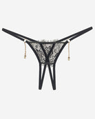 Black crotchless lace thong with pearl drop chains and V-cut straps