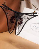 Angled black mesh crotchless thong with red floral embroidery and lace trim