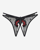 White mesh crotchless thong with black lace trim and red floral embroidery