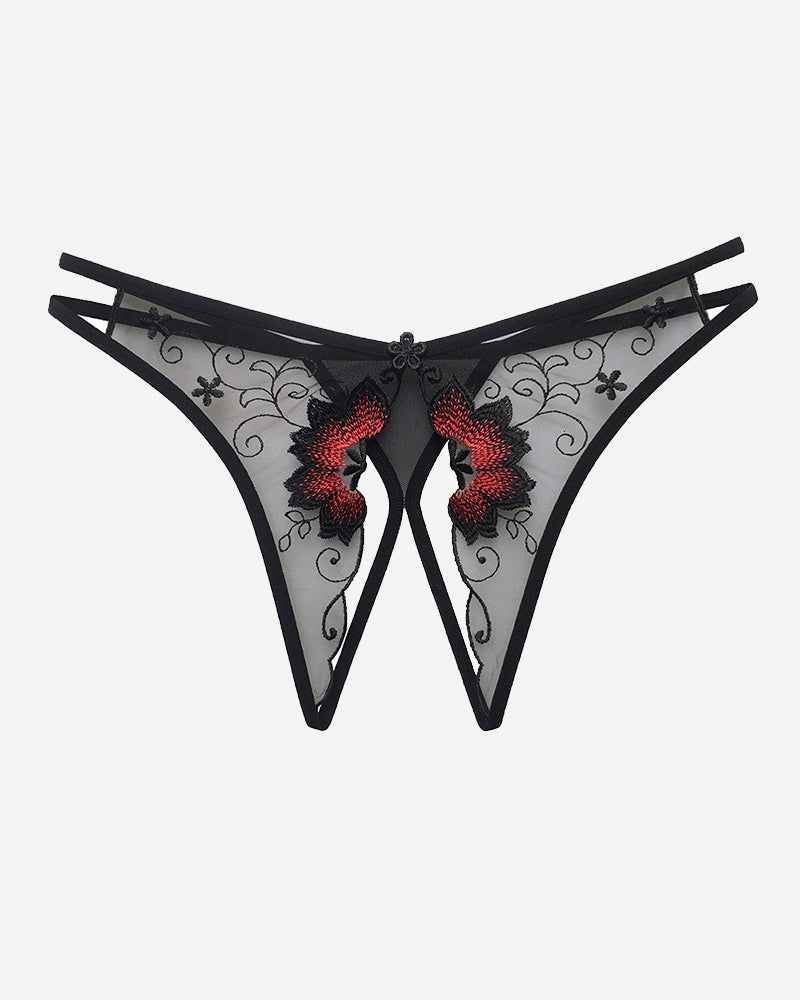 White mesh crotchless thong with black lace trim and red floral embroidery