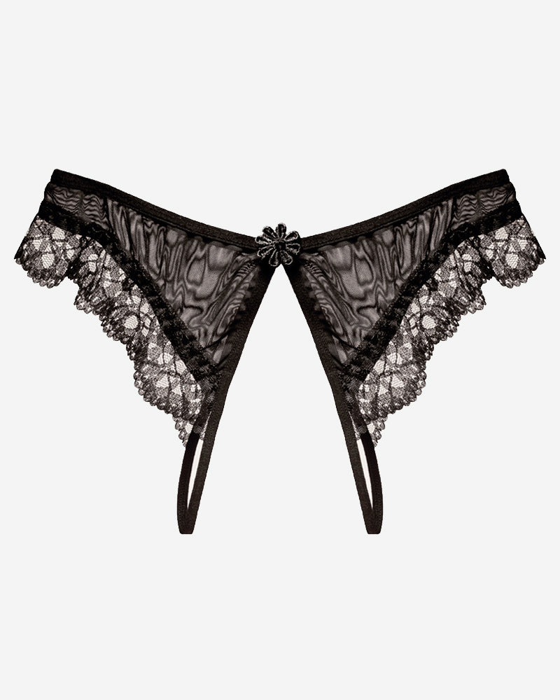 Black crotchless lace low waist thong with scalloped lace sides and small center flower