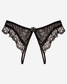 Black crotchless lace low waist thong with scalloped lace sides and small center flower