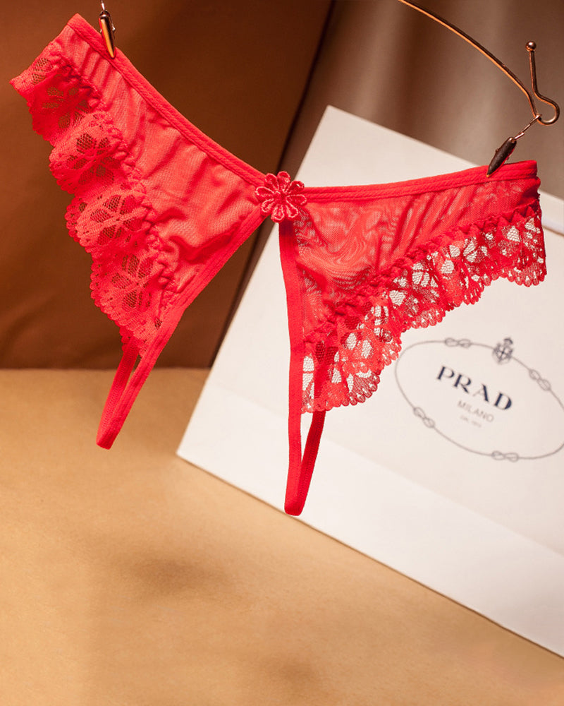 Red crotchless lace low waist thong with scalloped lace trim and center flower detail