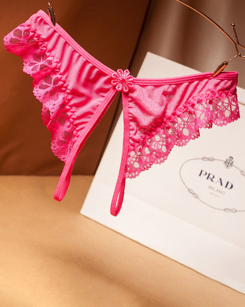 Pink crotchless lace low waist thong with scalloped lace trim and center flower detail