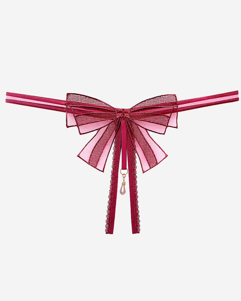 Wine red beaded crotchless thong with wide bow and dangling pearl bead tassels