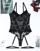 Black lace bow mesh bodysuit flat lay with front button details and garters