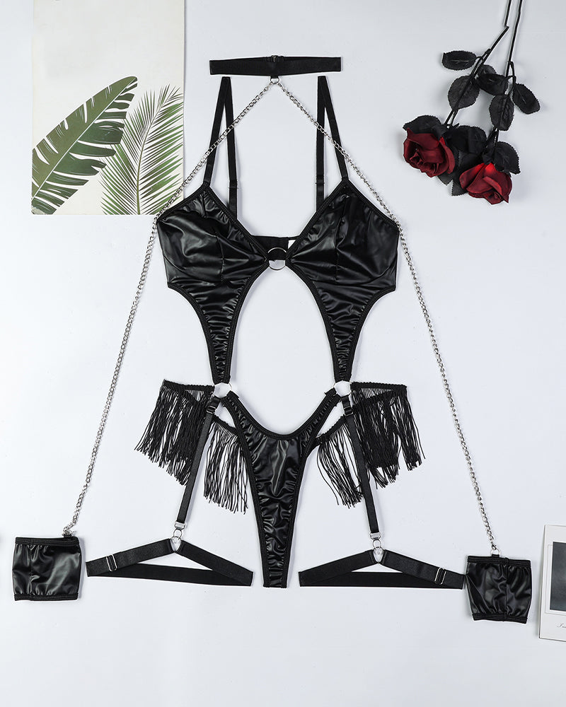 Black leather-look chain bodysuit set with tassel cups and garter straps