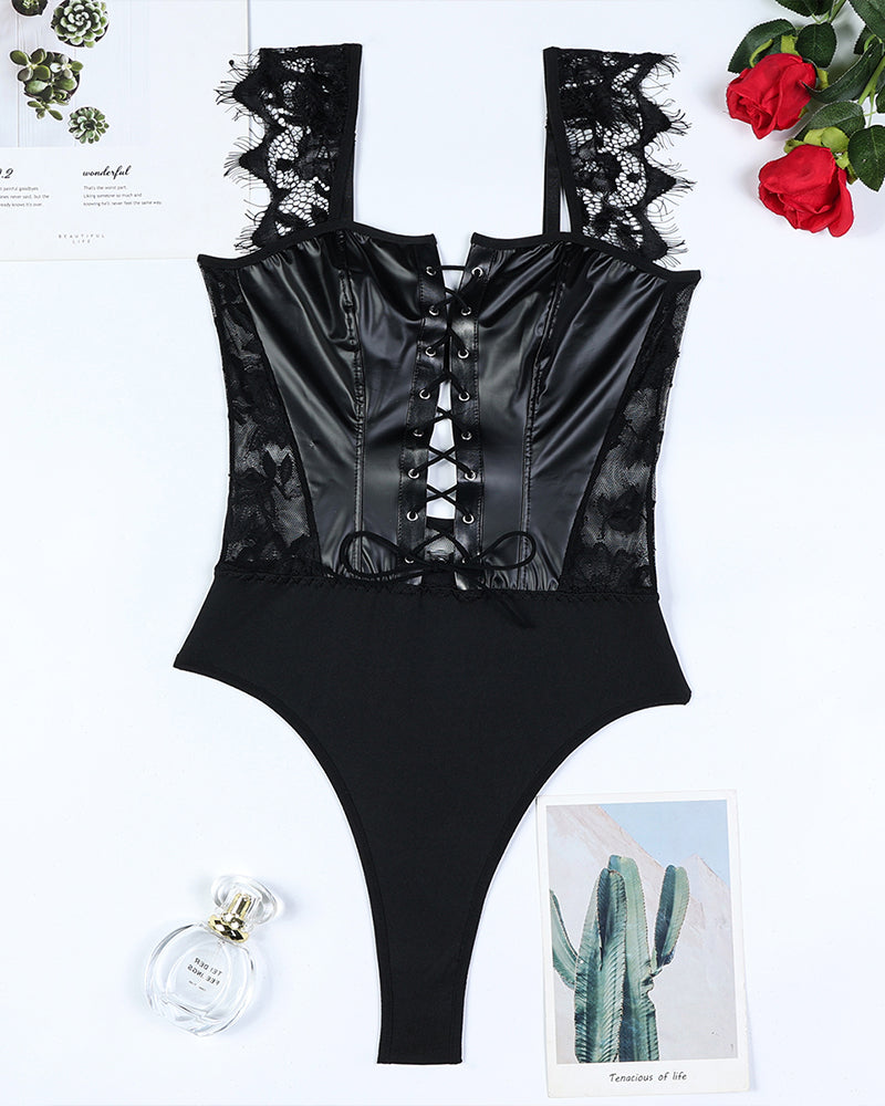 Black camisole bodysuit with lace sleeves, front corset lacing, and high-cut legs