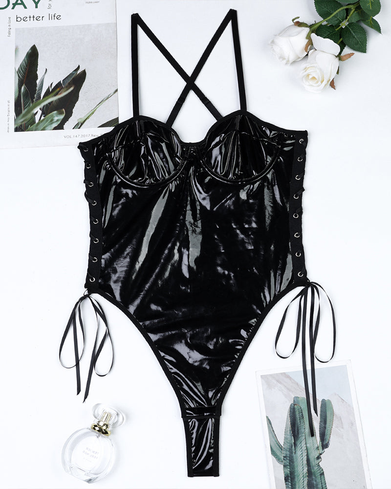 Black leather-look lace-up camisole bodysuit, lace-up side, bow tie hip strings