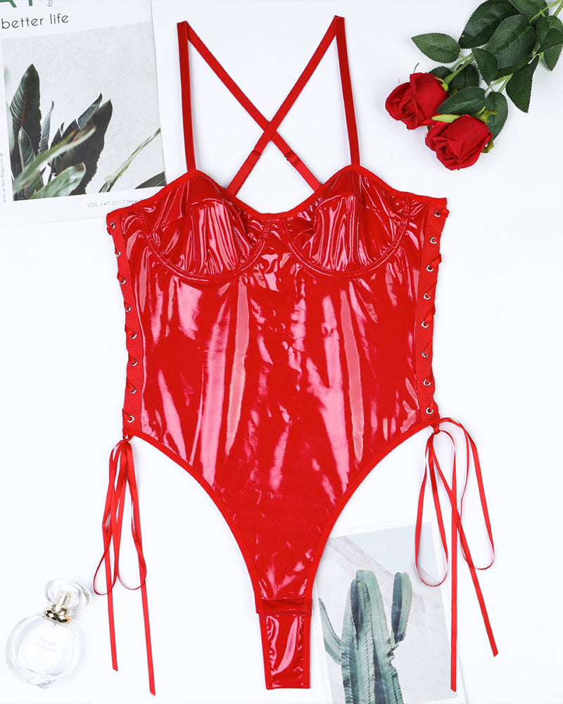 Red leather-look lace-up camisole bodysuit with crisscross back straps and side lace-up