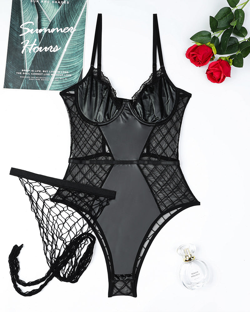 Black lace-trim mesh camisole bodysuit with underwire cups and cutout waist