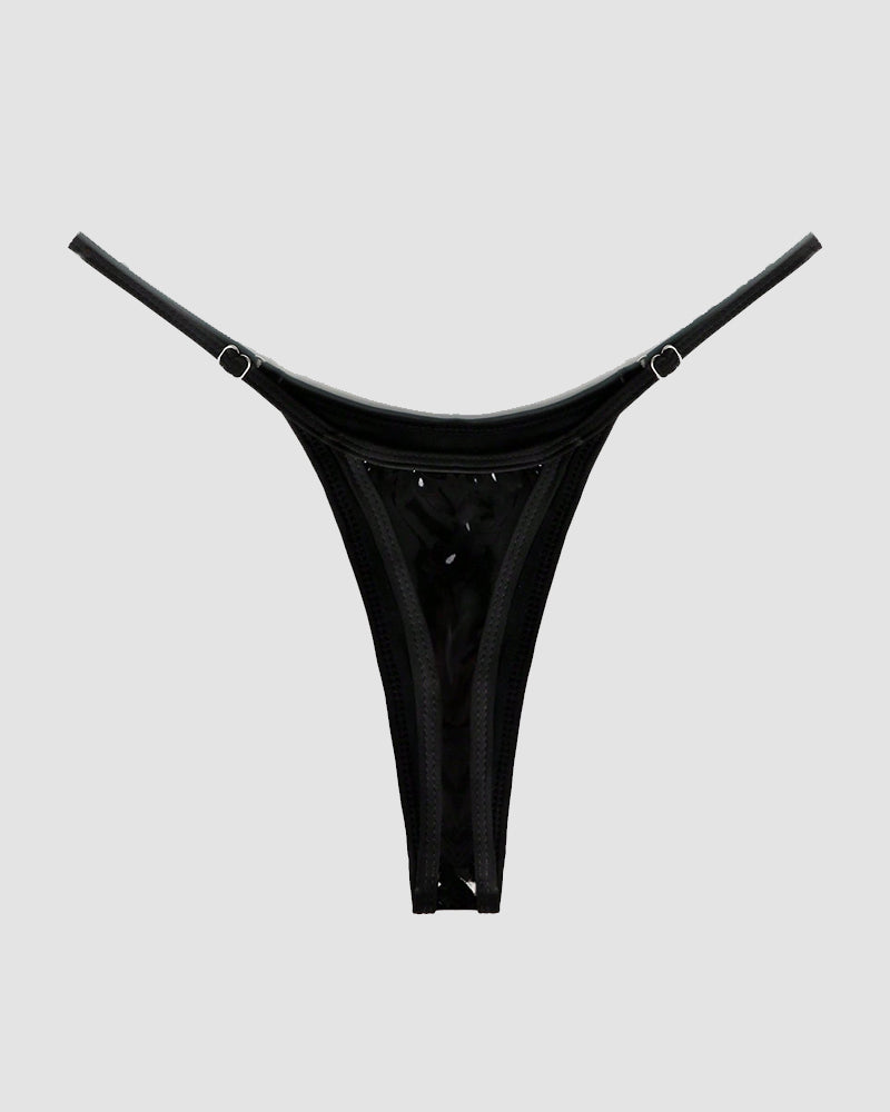 Black metallic leather thong with strappy sides and curved waistband