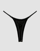 Black metallic leather thong with strappy sides and curved waistband