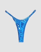 Blue metallic leather thong with strappy sides and curved waistband