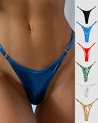 Blue metallic leather thong on model, thin straps with metal ring details