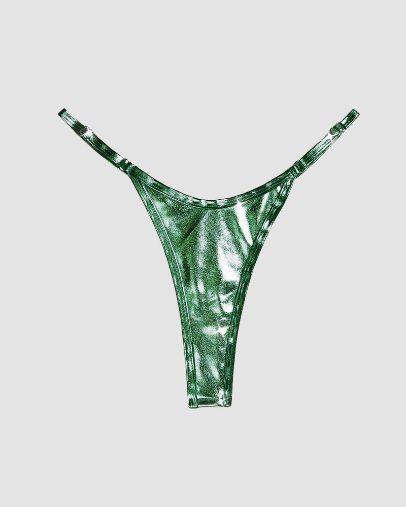 Green metallic leather thong with strappy sides and curved waistband
