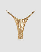 Gold metallic leather thong with strappy sides and curved waistband