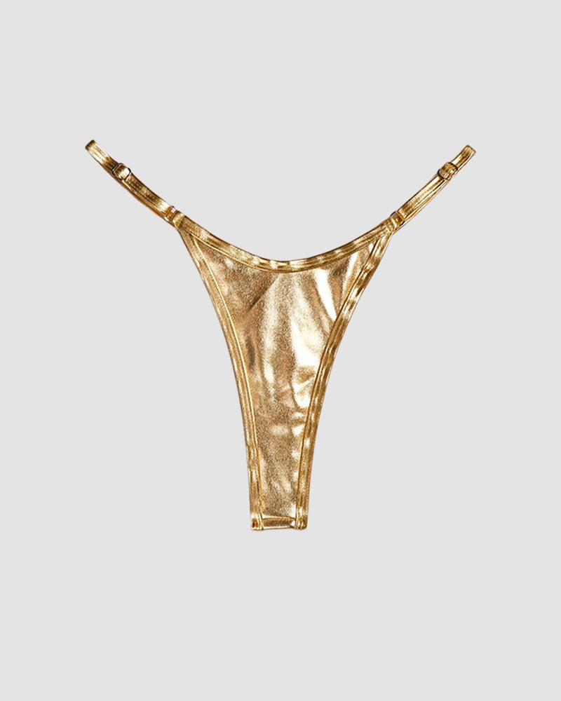 Gold metallic leather thong with strappy sides and curved waistband