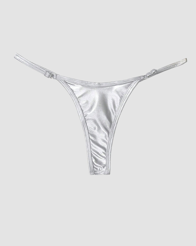Silver metallic leather thong with strappy sides and curved waistband