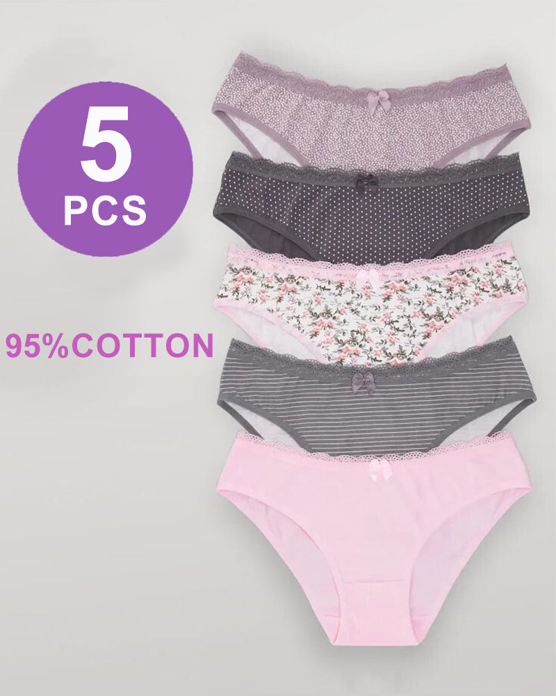 5-pack lace-trim cheeky hipster panties: lilac, floral, striped, pink, dark gray
