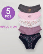 5-pack low-waist lace print panties in assorted colors with lace trim and bow details