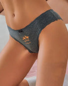 Low-waist lace print panties, dark gray with lace trim and orange tree motif