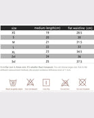 Panty size chart and care instructions with wash icons