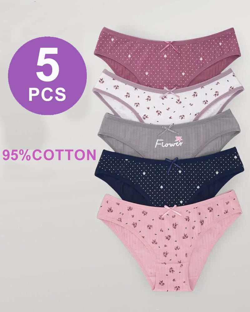 5-pack ribbed low waist panties in mixed colors with dotted and floral patterns