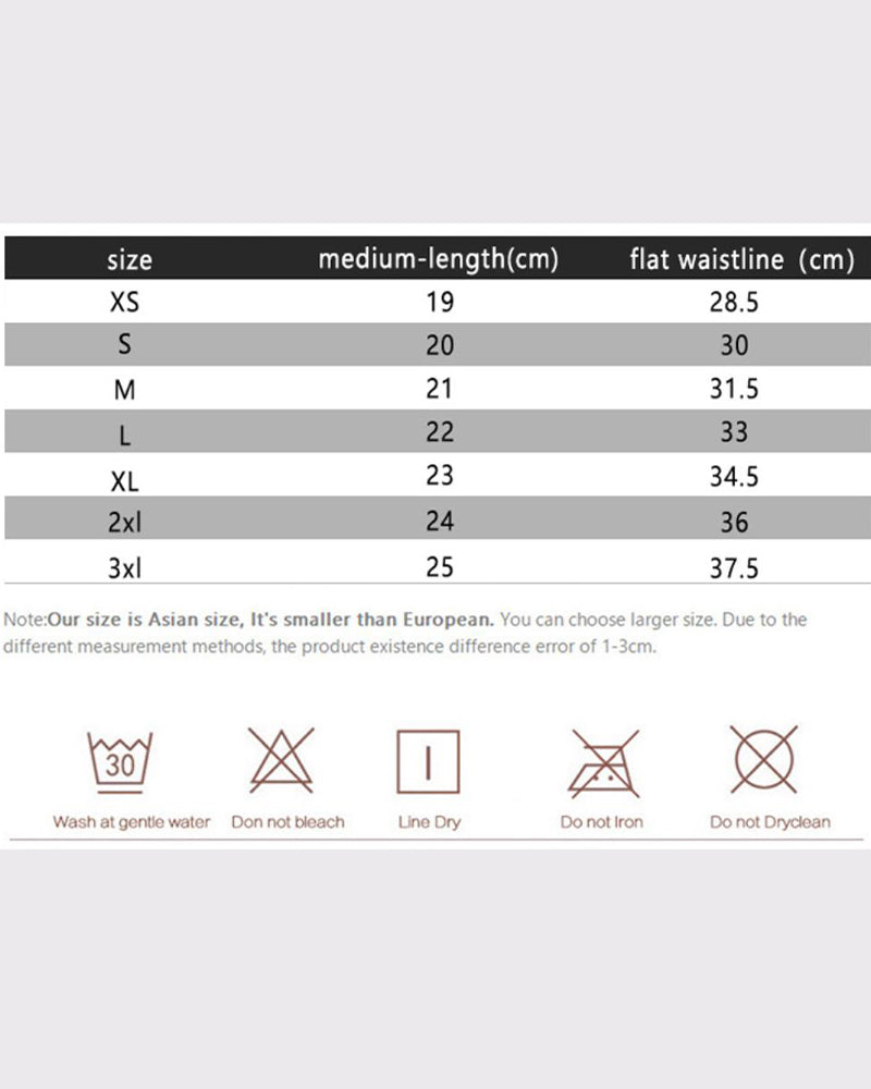 Panty size chart with care icons: gentle wash, line dry, no bleach, no ironing