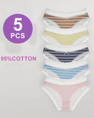 5-pack lace-print striped panties with white lace trim, assorted stripe colors