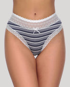 Lace-print striped panties with white lace waistband and navy stripes, front view