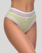Lace-print striped panties with white lace trim and rainbow striped pattern, front view