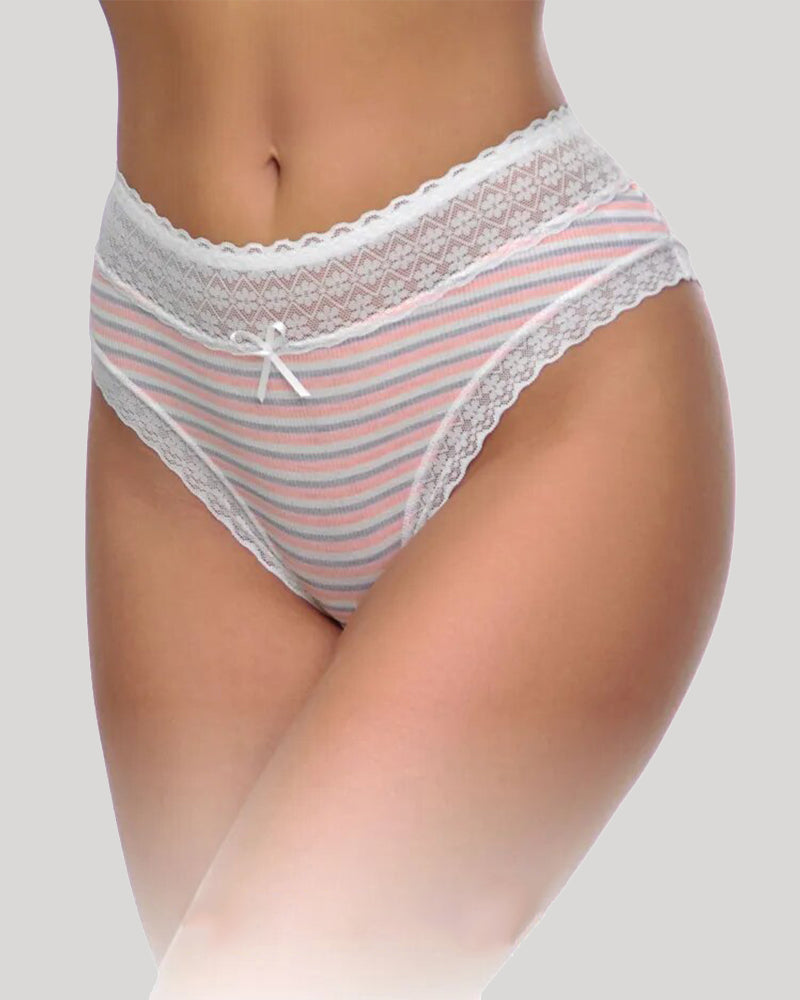 Lace-print striped panties with white lace trim and light blue stripes, side view