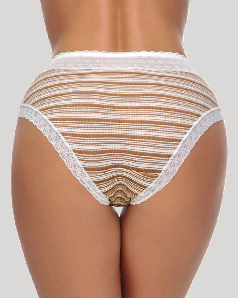 Lace-print striped panties with white lace trim and tan striped pattern, back view