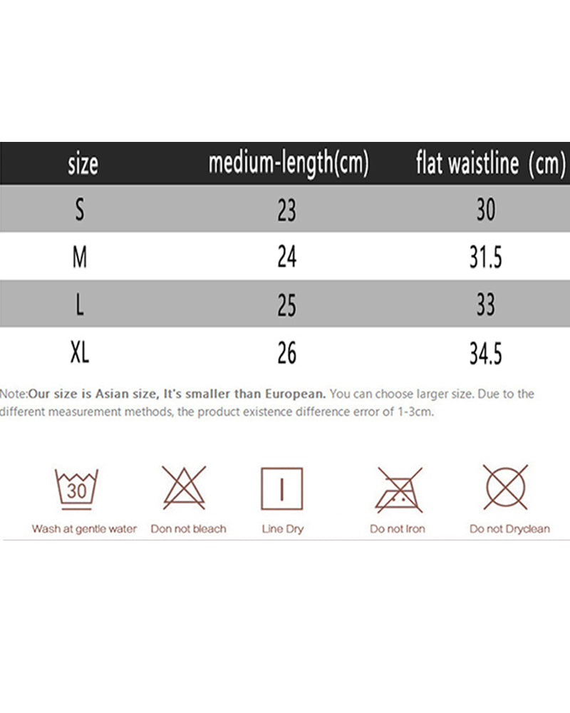 Size and care instructions chart for lace-print striped panties, includes wash icon