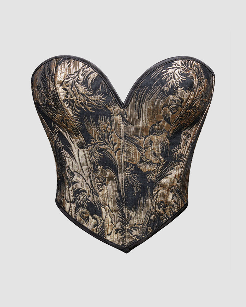 Black and gold waist training corset with floral brocade print and curved boning panels