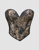 Black and gold waist training corset with floral brocade print and curved boning panels