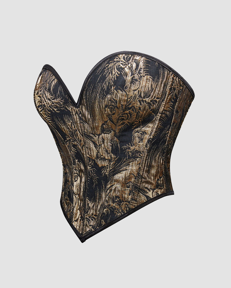 Black and gold waist training corset back view with curved boning and brocade pattern