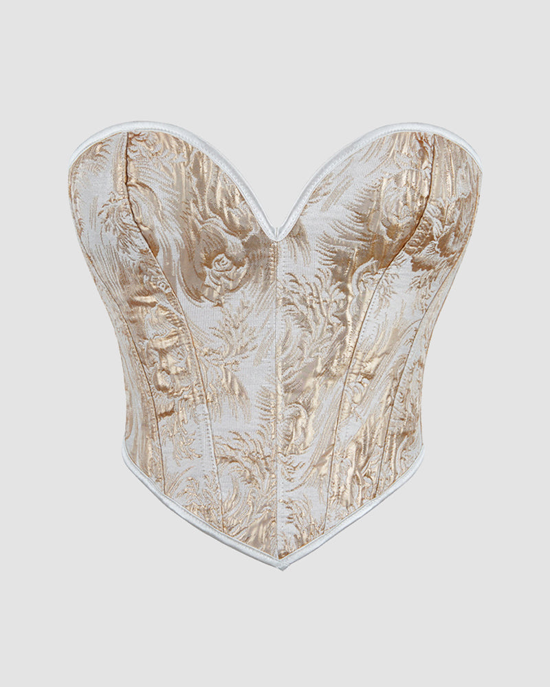 Light gold waist training corset with floral damask brocade and silver-toned edging